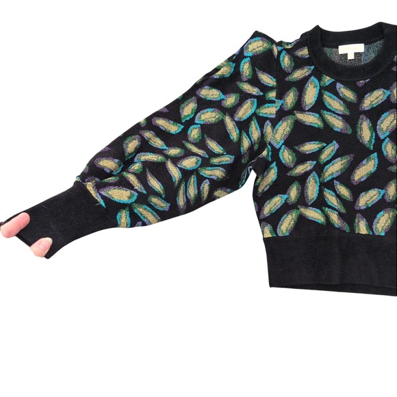 RONNY KOBO Black Leaf Statement Sweater Puff Shoulder Metallic Sparkle Small - Picture 7 of 9